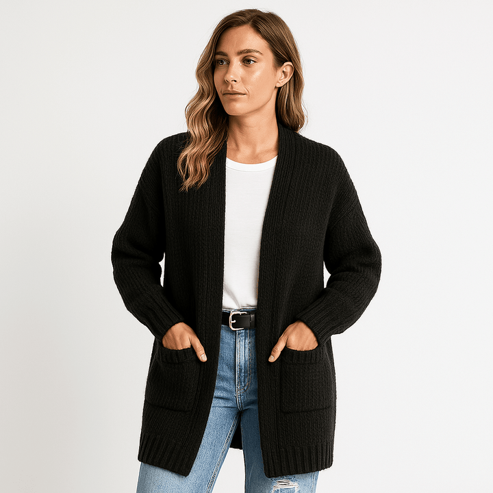 Drune | Langer Cardigan Beige Sanfte Masche Elegante Lässigkeit