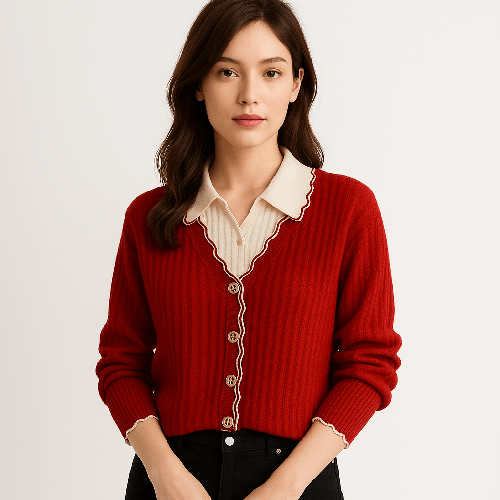 Drune | Cardigan Rot Wellenbordüren Eleganz Kontraststil Preppy und Feminin