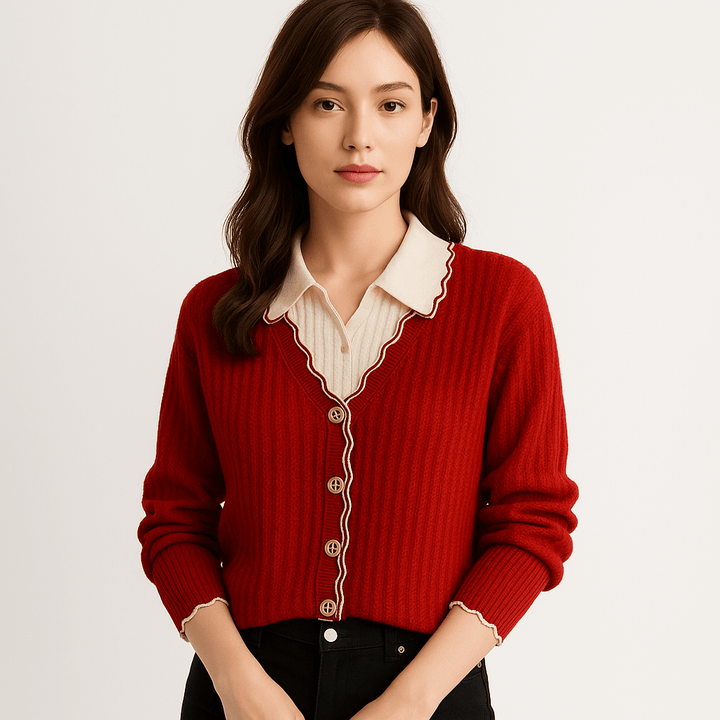 Drune | Cardigan Rot Wellenbordüren Eleganz Kontraststil Preppy und Feminin