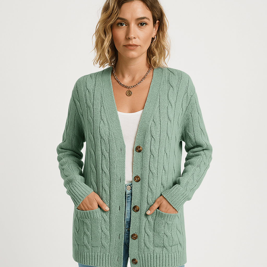Drune | Beiger, längerer und bequemer Cardigan mit Zopfstrick im zeitlosen Stil