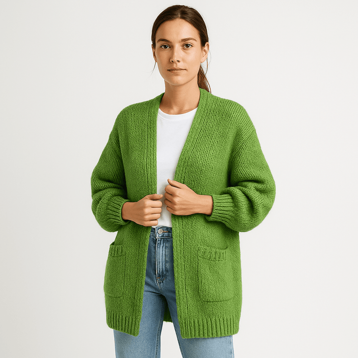 Drune | Langer Cardigan Beige Sanfte Masche Elegante Lässigkeit