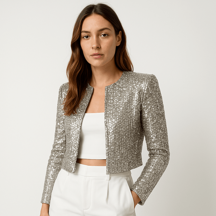 Drune | Kurze Jacke mit Silbernen Pailletten Schlichte Glamour Abendmode