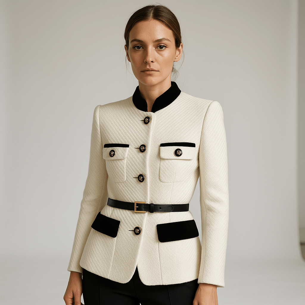 Drune | Strukturierte Weiße Jacke mit Schwarzen Details & Goldenen Knöpfen Paris Chic