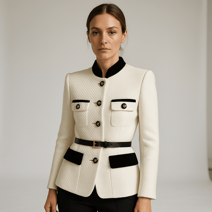 Drune | Strukturierte Weiße Jacke mit Schwarzen Details & Goldenen Knöpfen Paris Chic