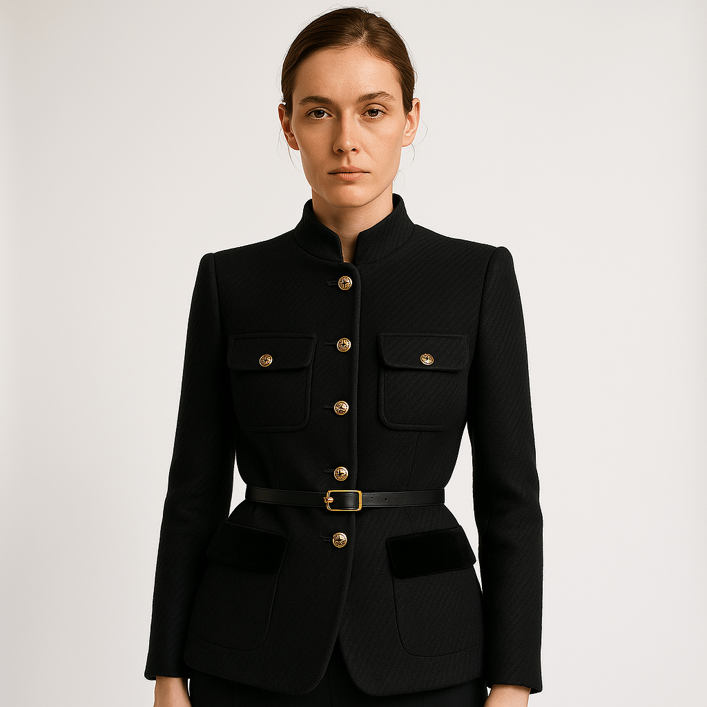 Drune | Strukturierte Weiße Jacke mit Schwarzen Details & Goldenen Knöpfen Paris Chic