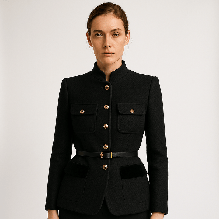 Drune | Strukturierte Weiße Jacke mit Schwarzen Details & Goldenen Knöpfen Paris Chic