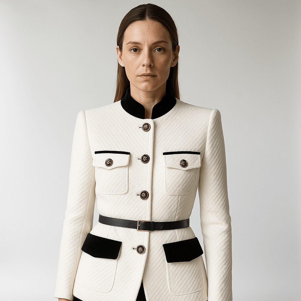Drune | Strukturierte Weiße Jacke mit Schwarzen Details & Goldenen Knöpfen Paris Chic