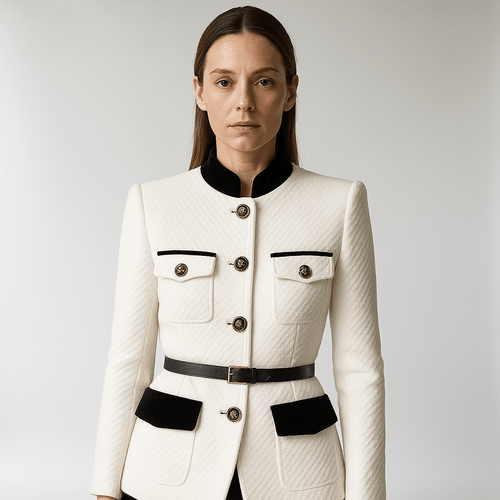 Drune | Strukturierte Weiße Jacke mit Schwarzen Details & Goldenen Knöpfen Paris Chic