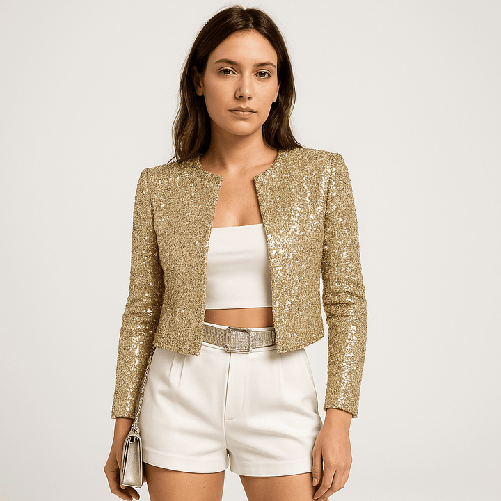 Drune | Kurze Jacke mit Silbernen Pailletten Schlichte Glamour Abendmode