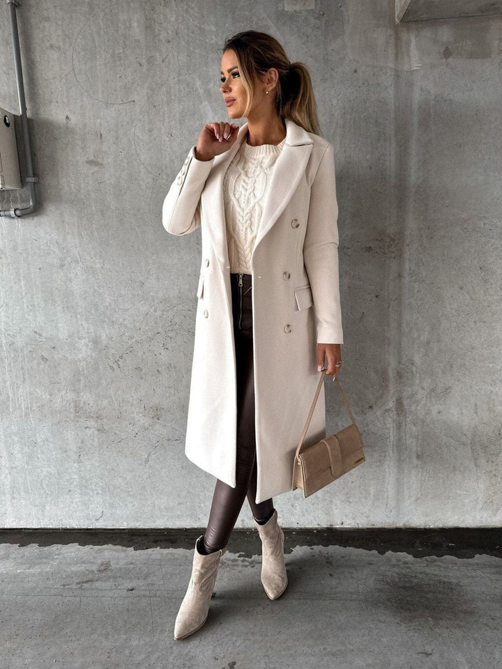 Drune | Eleganter Langer Mantel Creme Chic, Strukturierte und Zeitlose