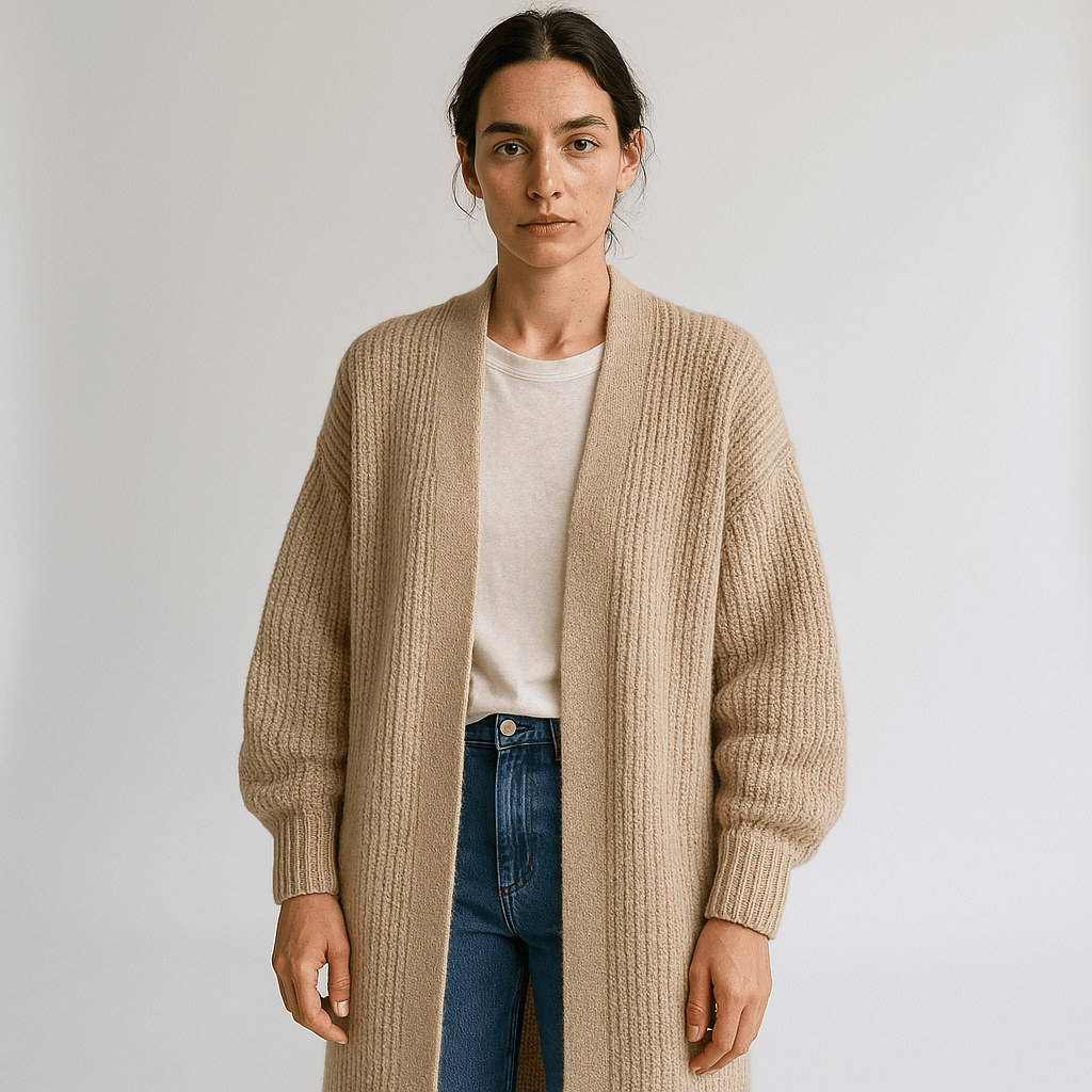 Drune | Lange Beigefarbene Leichte und Offene Elegante Freizeitjacke