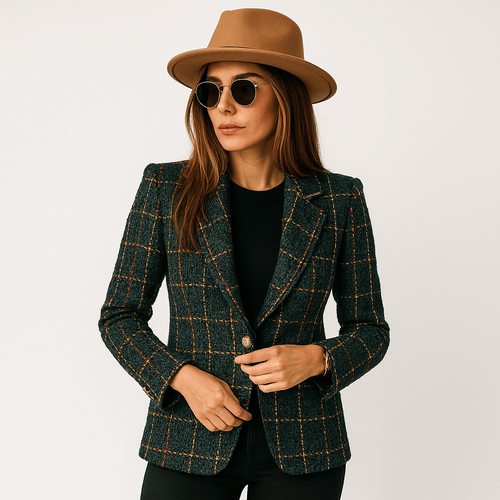 Drune | Blazer in Karomuster Camel & Schwarz Mit Goldenen Knöpfen Strukturierte Eleganz