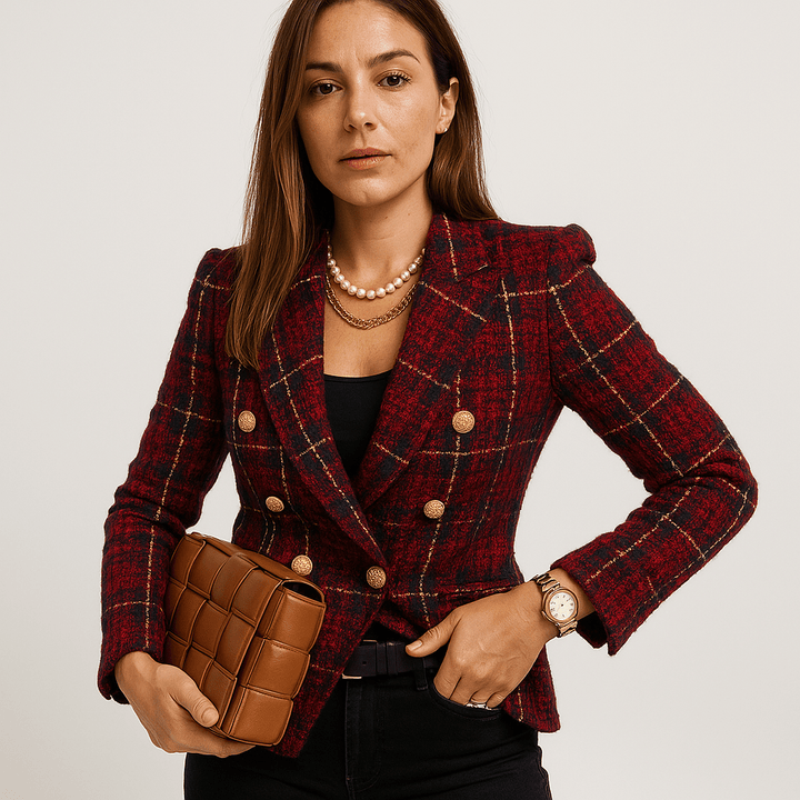 Drune | Blazer in Karomuster Camel & Schwarz Mit Goldenen Knöpfen Strukturierte Eleganz