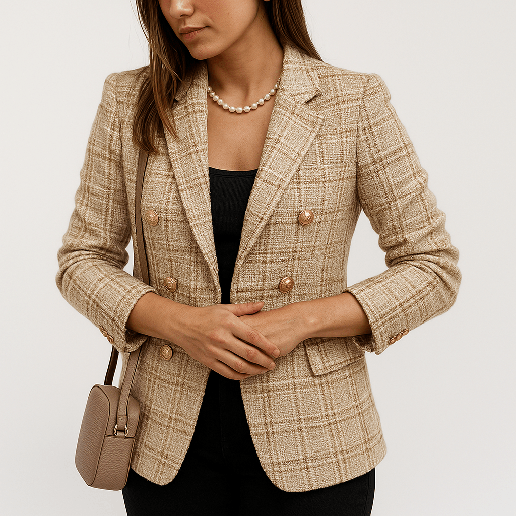 Drune | Blazer in Karomuster Camel & Schwarz Mit Goldenen Knöpfen Strukturierte Eleganz