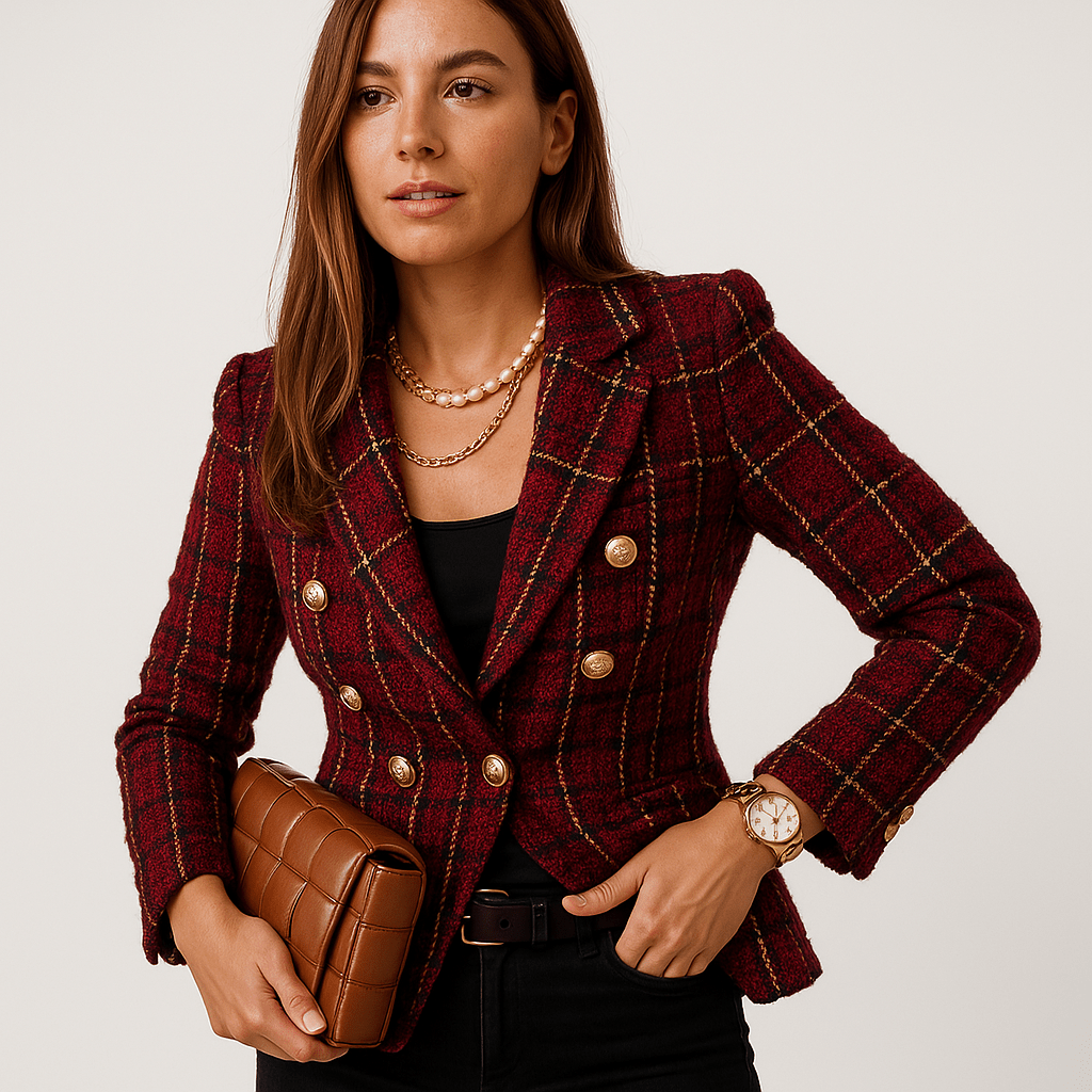Drune | Blazer in Karomuster Camel & Schwarz Mit Goldenen Knöpfen Strukturierte Eleganz