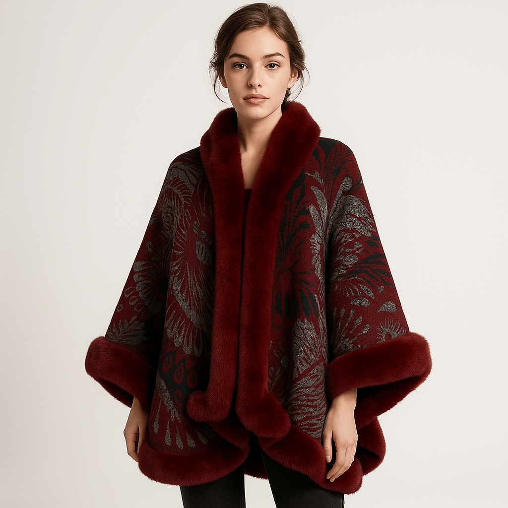 Drune | Cape und Jacquard Weiches Pfauenmuster Elegante Bordüre mit Kunstfell