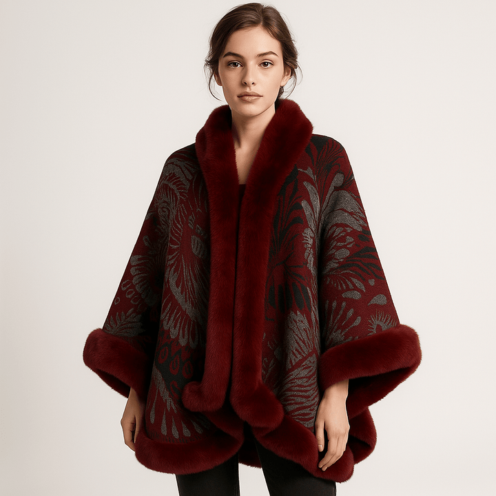 Drune | Cape und Jacquard Weiches Pfauenmuster Elegante Bordüre mit Kunstfell