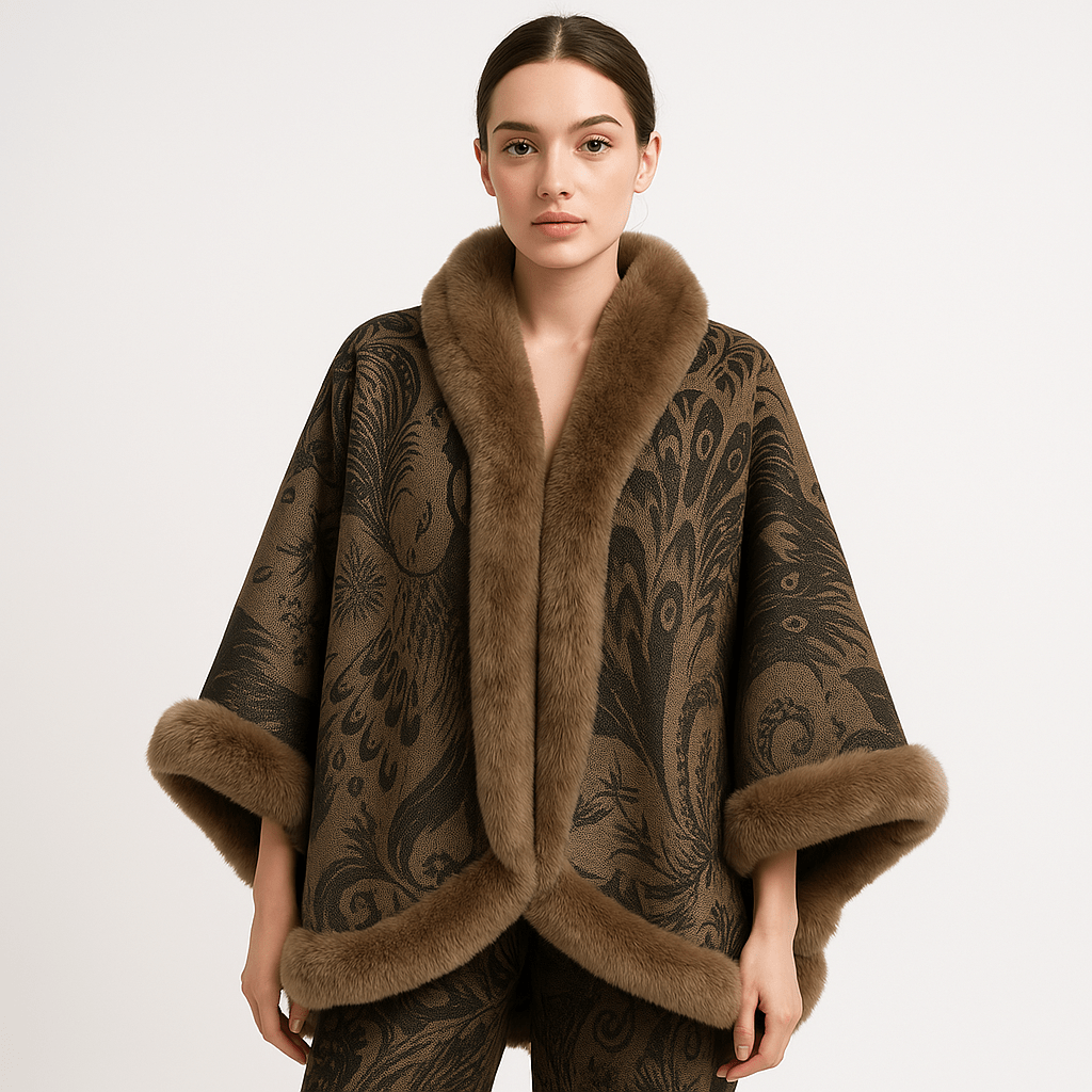 Drune | Cape und Jacquard Weiches Pfauenmuster Elegante Bordüre mit Kunstfell