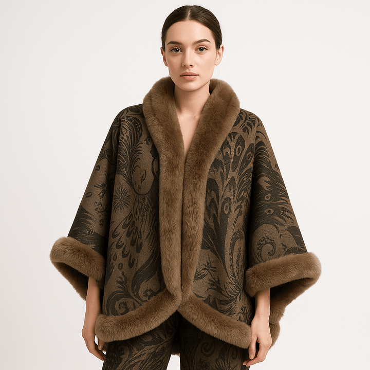 Drune | Cape und Jacquard Weiches Pfauenmuster Elegante Bordüre mit Kunstfell