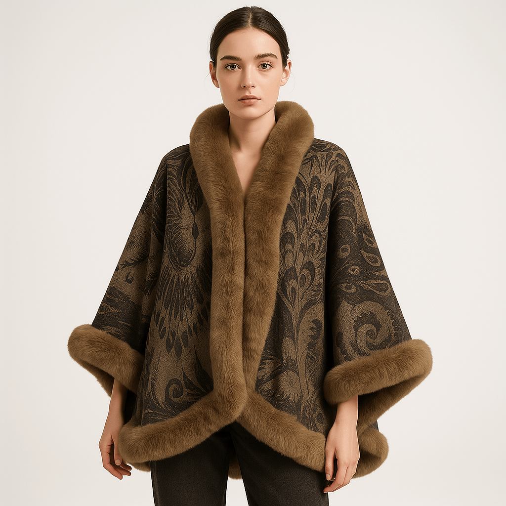 Drune | Cape und Jacquard Weiches Pfauenmuster Elegante Bordüre mit Kunstfell