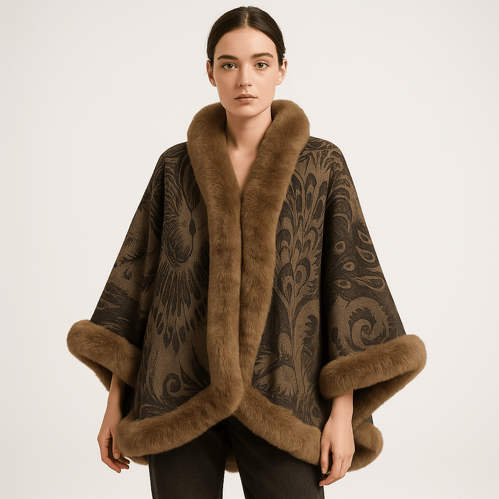 Drune | Cape und Jacquard Weiches Pfauenmuster Elegante Bordüre mit Kunstfell