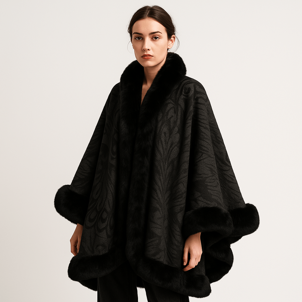 Drune | Cape und Jacquard Weiches Pfauenmuster Elegante Bordüre mit Kunstfell