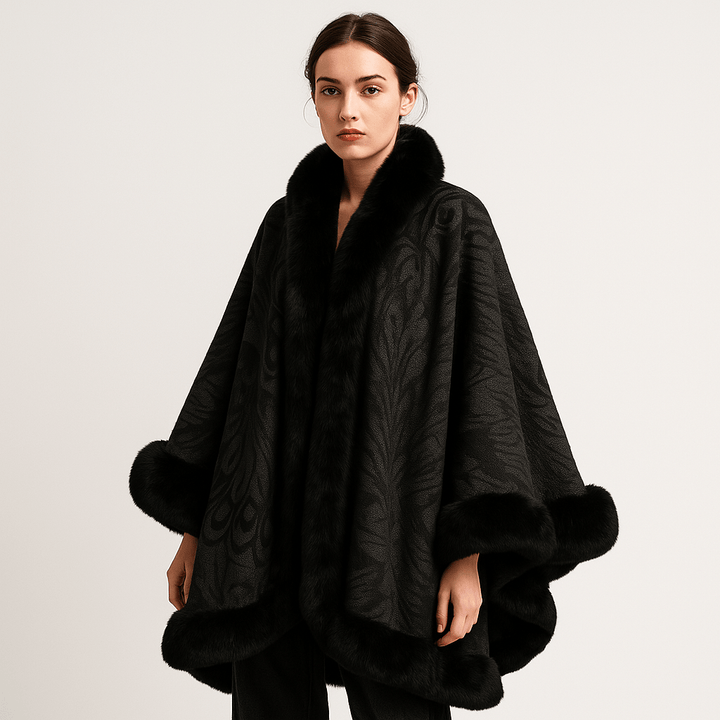 Drune | Cape und Jacquard Weiches Pfauenmuster Elegante Bordüre mit Kunstfell