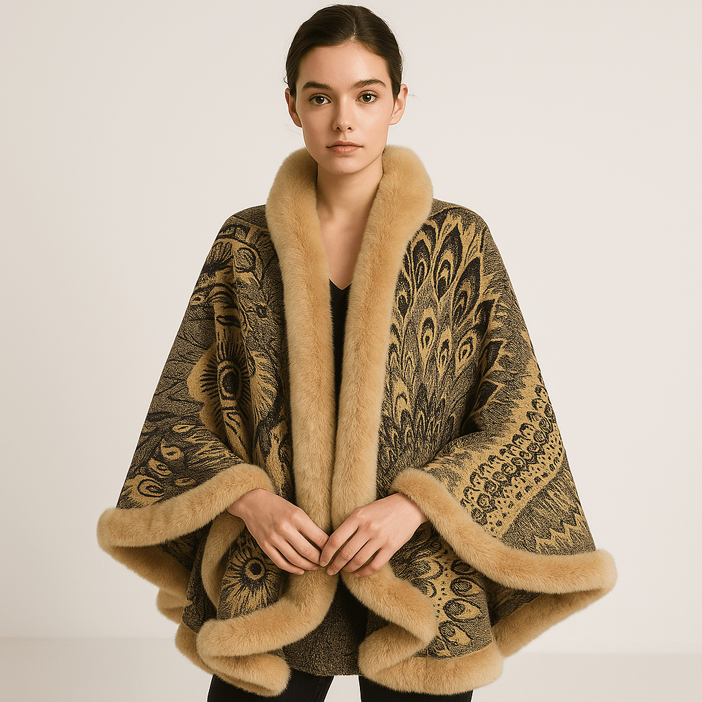Drune | Cape und Jacquard Weiches Pfauenmuster Elegante Bordüre mit Kunstfell