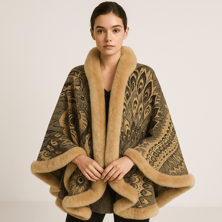 Drune | Cape und Jacquard Weiches Pfauenmuster Elegante Bordüre mit Kunstfell