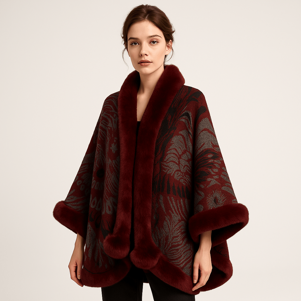 Drune | Cape und Jacquard Weiches Pfauenmuster Elegante Bordüre mit Kunstfell