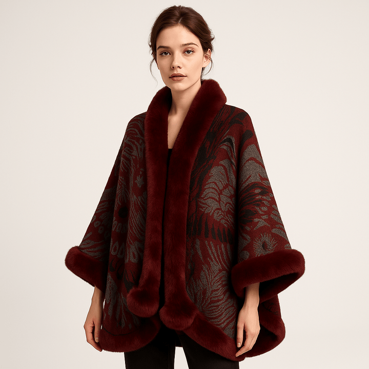 Drune | Cape und Jacquard Weiches Pfauenmuster Elegante Bordüre mit Kunstfell