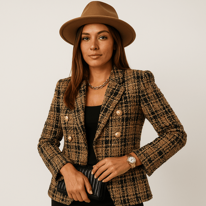 Drune | Blazer in Karomuster Camel & Schwarz Mit Goldenen Knöpfen Strukturierte Eleganz