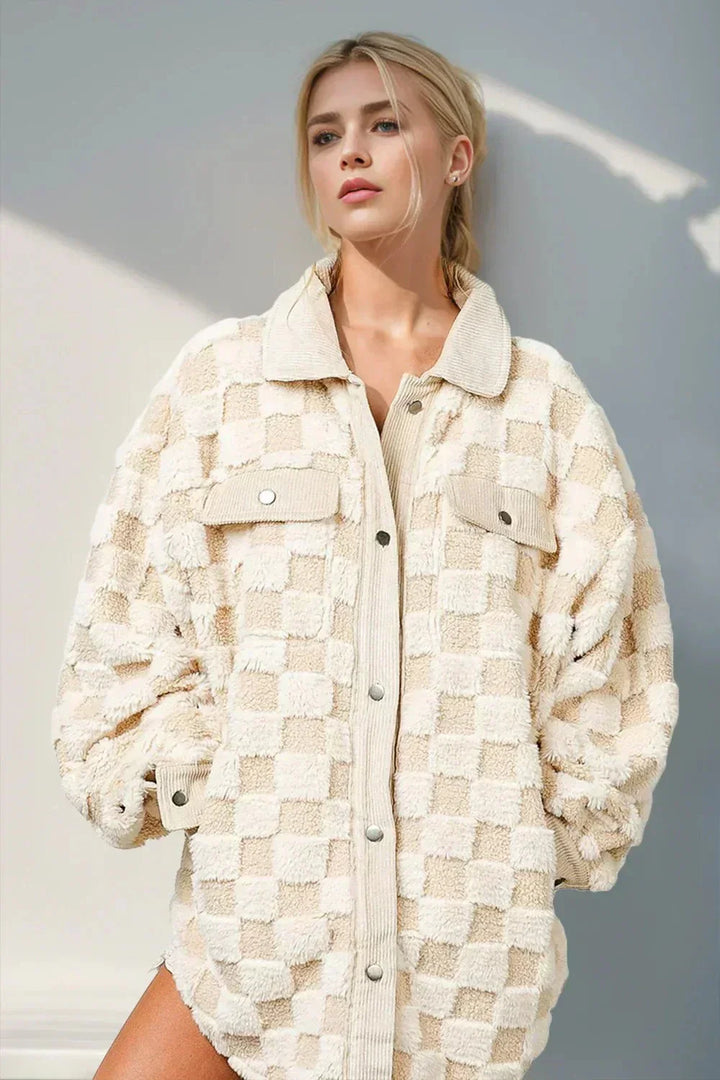 Drune | Oversized & Gemütliches kariertes Ecru-Fleece-Hemd