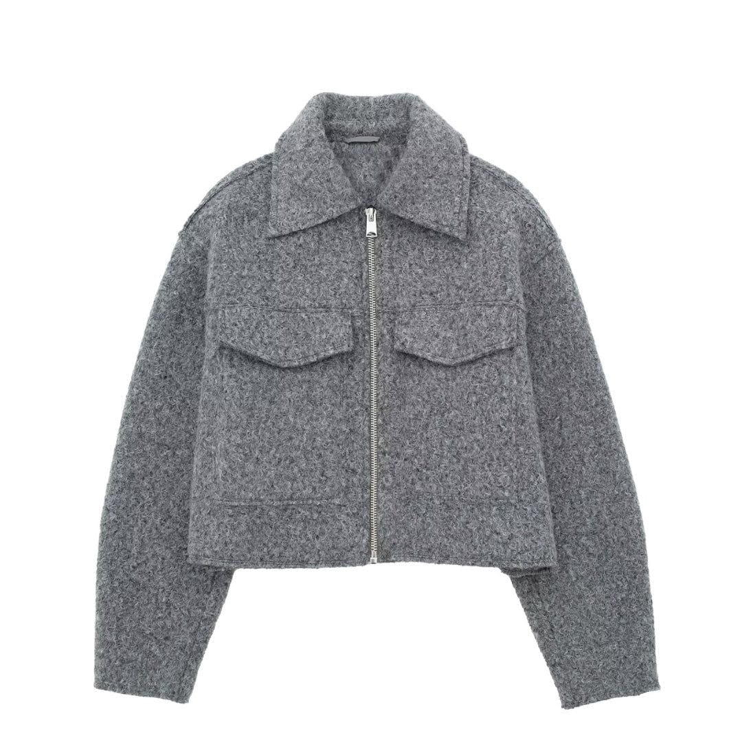 Drune | Moderne und strukturierte graue Wolljacke mit Reißverschluss