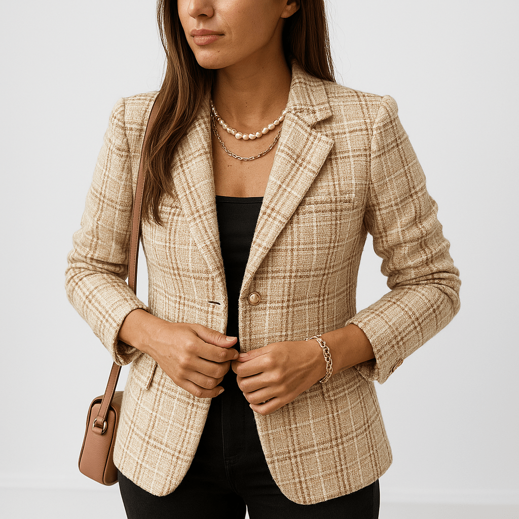 Drune | Blazer in Karomuster Camel & Schwarz Mit Goldenen Knöpfen Strukturierte Eleganz