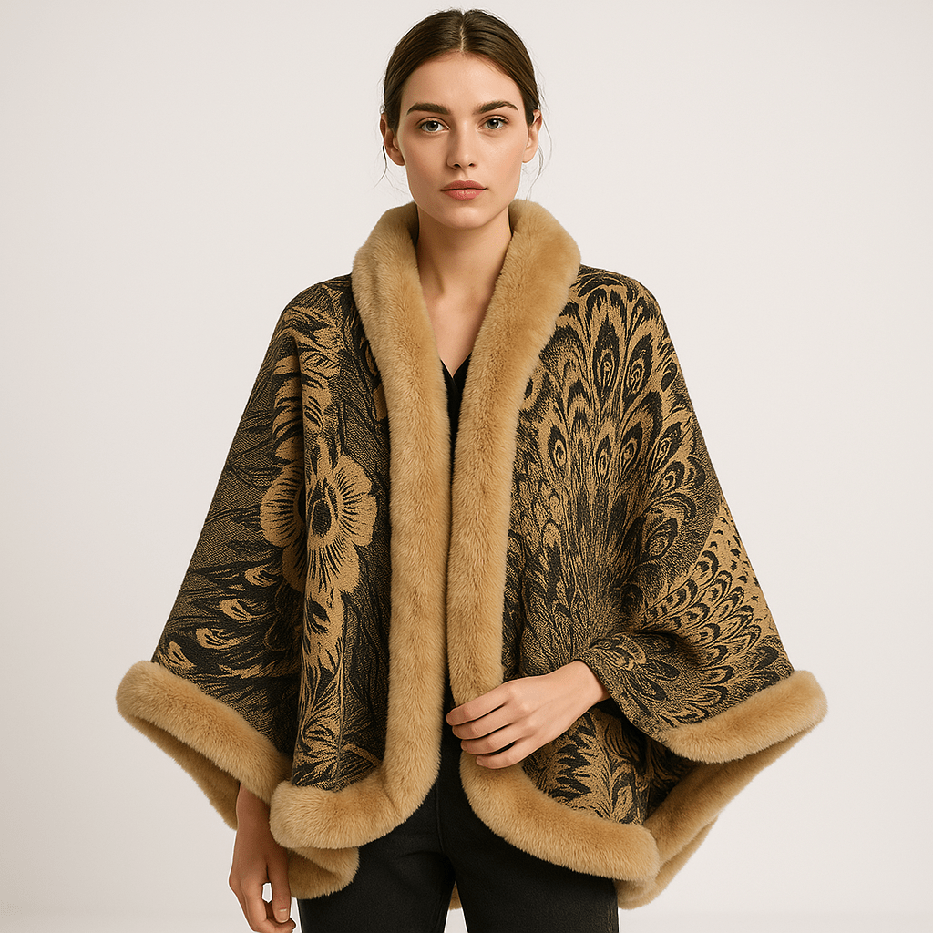Drune | Cape und Jacquard Weiches Pfauenmuster Elegante Bordüre mit Kunstfell