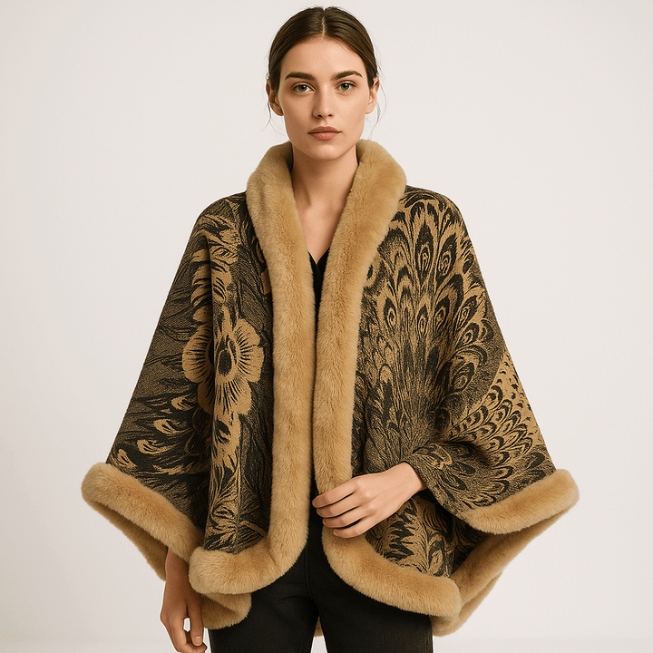 Drune | Cape und Jacquard Weiches Pfauenmuster Elegante Bordüre mit Kunstfell