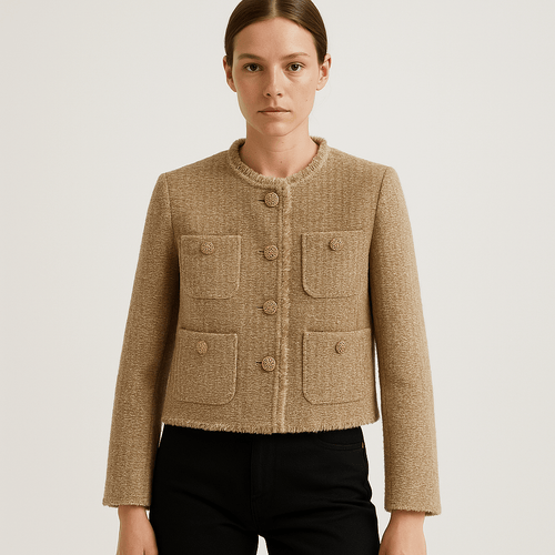 Drune | Kurze Beige Tweed-Effekt Jacke Strukturierte Eleganz