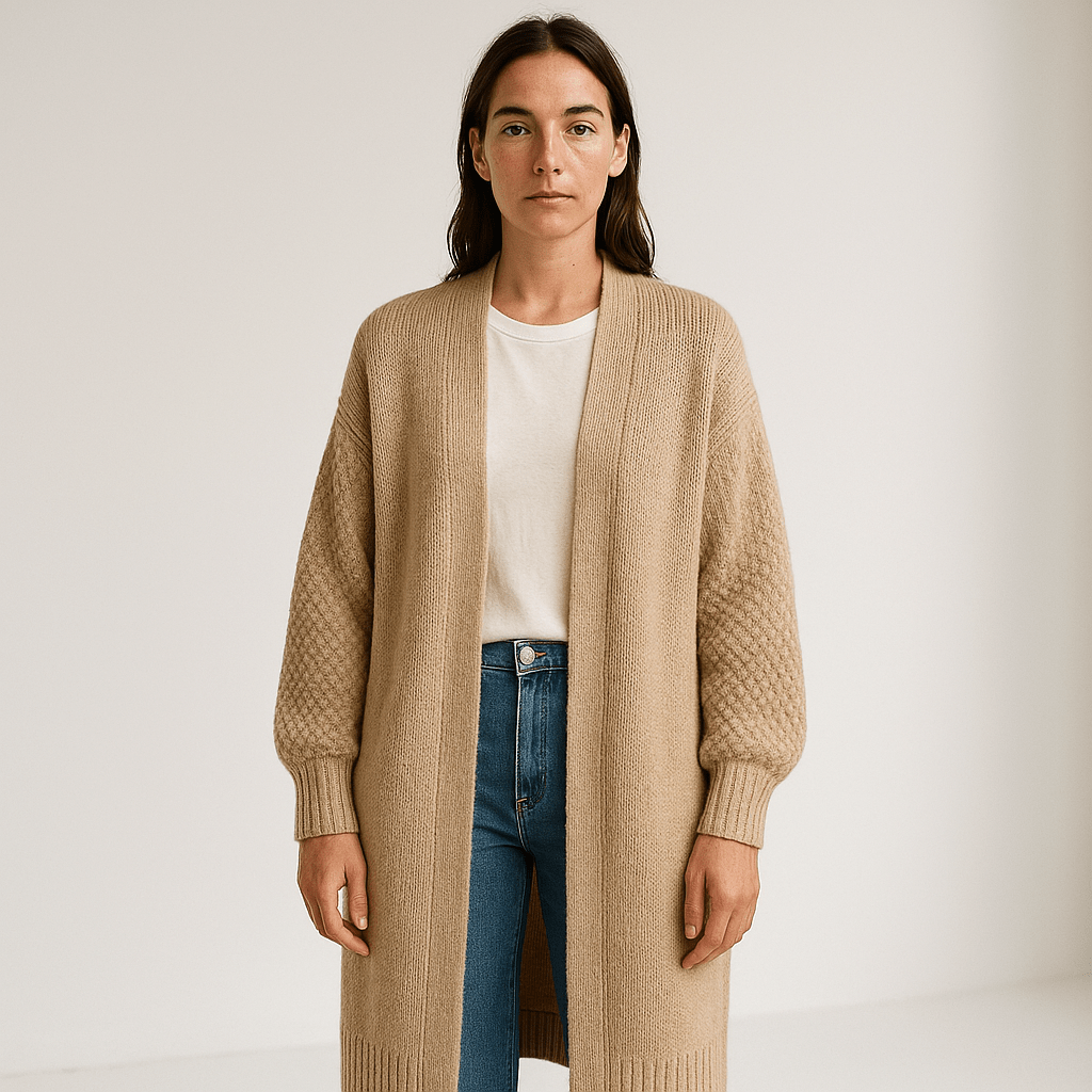 Drune | Lange Beigefarbene Leichte und Offene Elegante Freizeitjacke