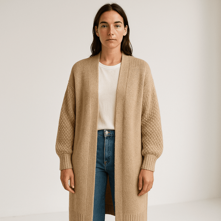 Drune | Lange Beigefarbene Leichte und Offene Elegante Freizeitjacke