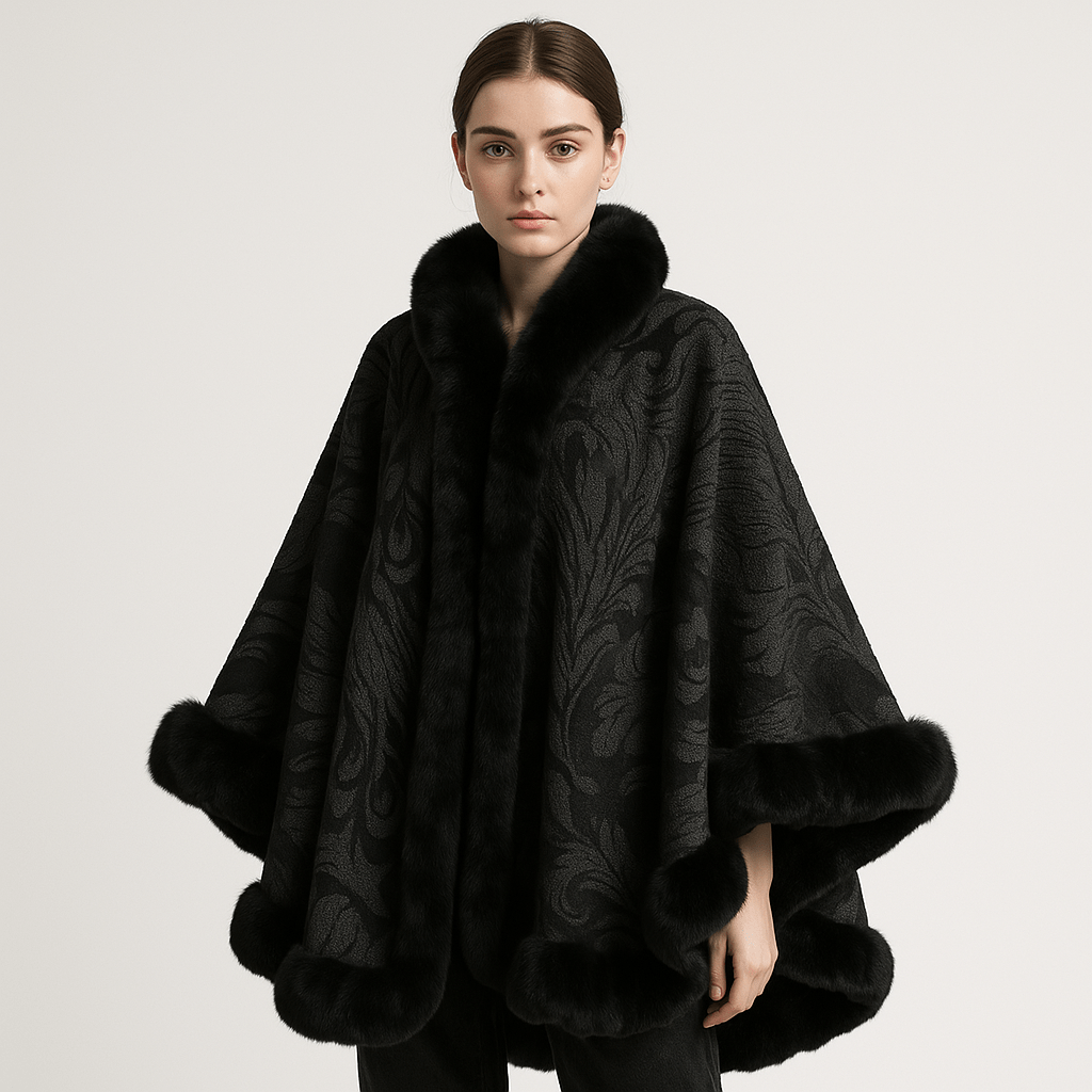 Drune | Cape und Jacquard Weiches Pfauenmuster Elegante Bordüre mit Kunstfell