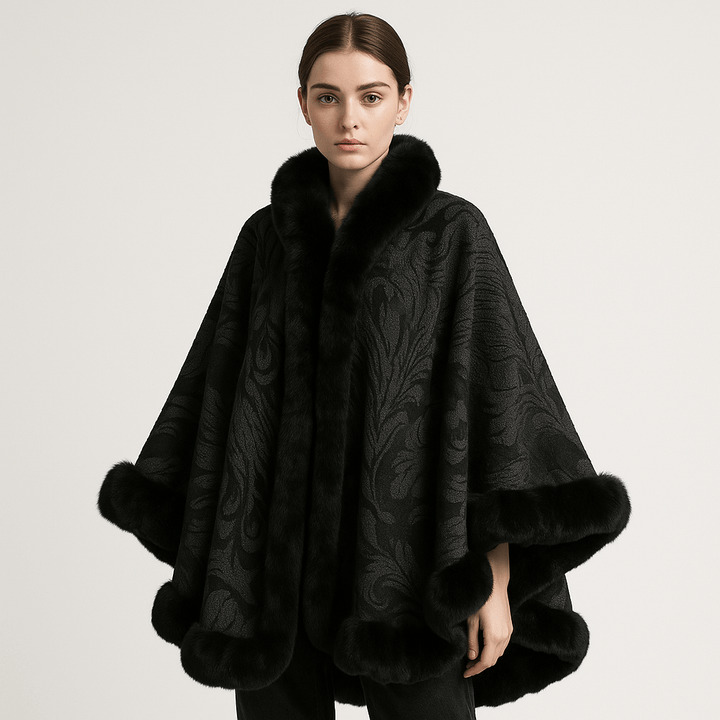 Drune | Cape und Jacquard Weiches Pfauenmuster Elegante Bordüre mit Kunstfell