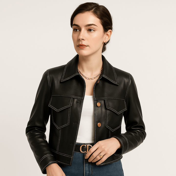 Drune | Kurze Jacke Leder-Optik grafischer Schnitt urbaner und mutiger Stil