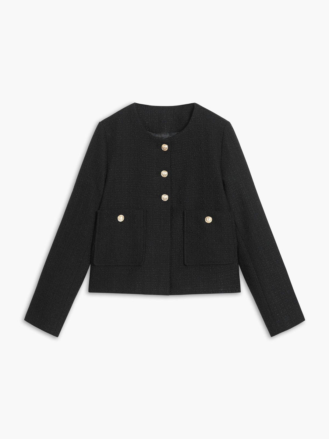 Drune | Kurze schwarze Jacke mit goldenen Knöpfen minimalistische Eleganz schick & strukturiert