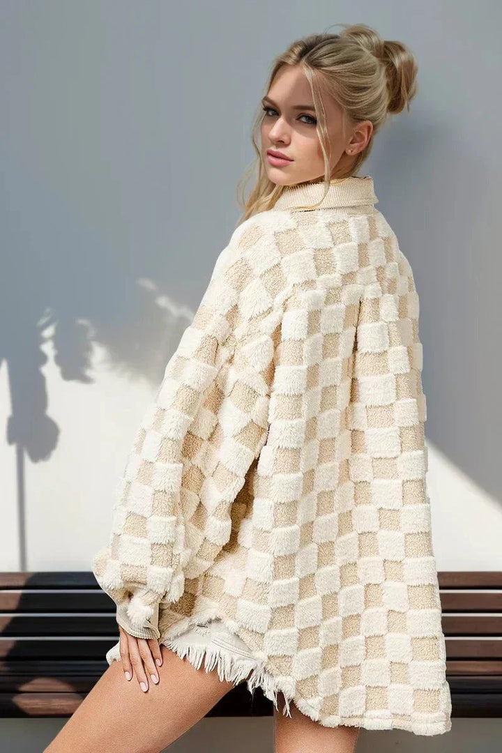 Drune | Oversized & Gemütliches kariertes Ecru-Fleece-Hemd