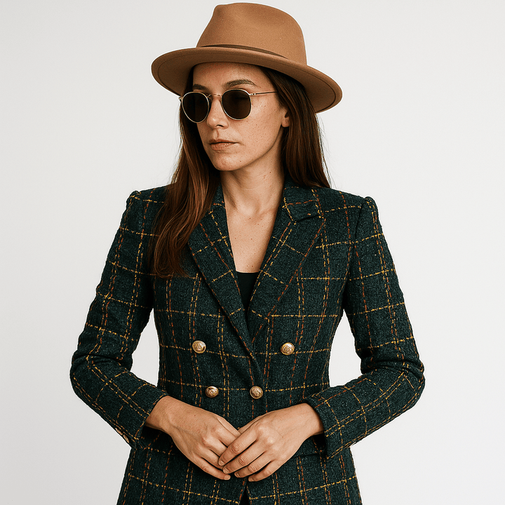 Drune | Blazer in Karomuster Camel & Schwarz Mit Goldenen Knöpfen Strukturierte Eleganz