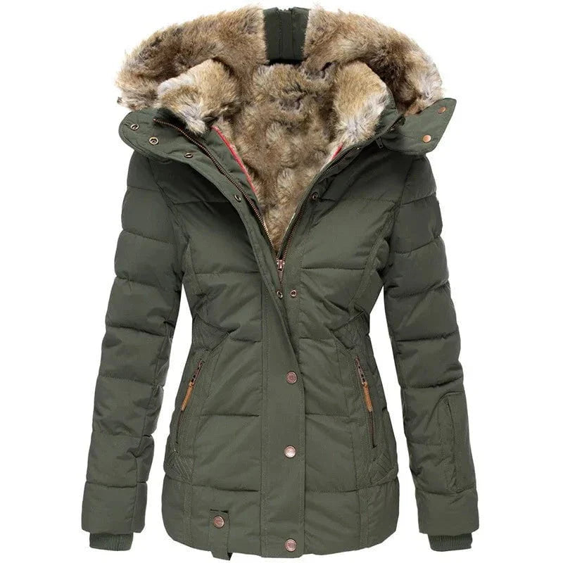 Drune | Winterdaunenjacke mit Kapuze, warm und elegant, mit gefälschtem Pelzfutter