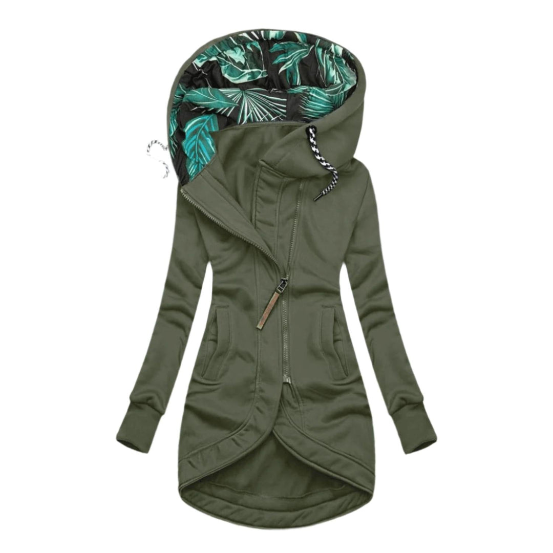Drune | Asymmetrische Kapuzenjacke - Fleece gefüttert - Blumendesign Innenkapuze - Outdoor Freizeitkleidung
