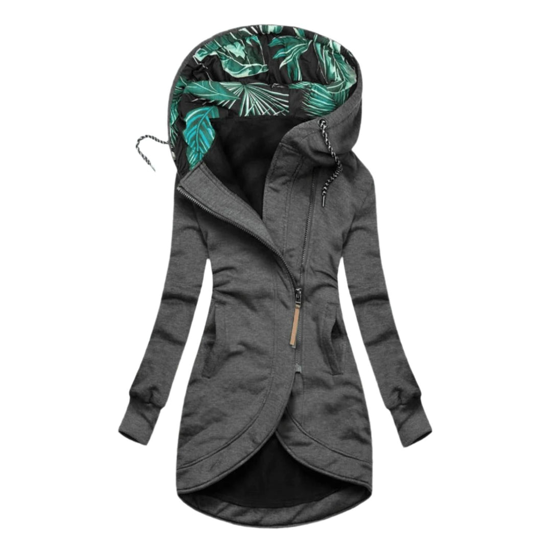 Drune | Asymmetrische Kapuzenjacke - Fleece gefüttert - Blumendesign Innenkapuze - Outdoor Freizeitkleidung