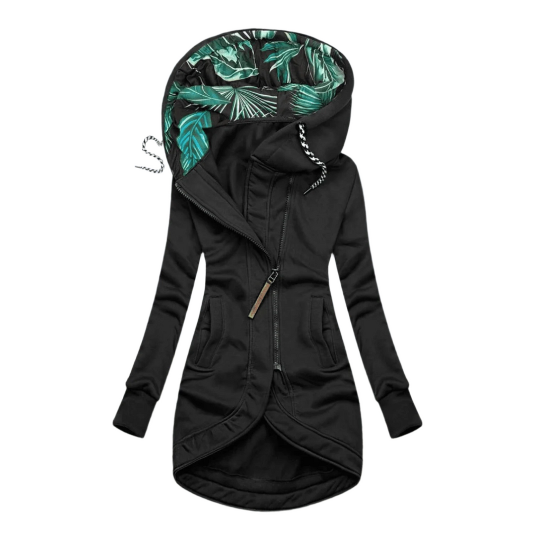 Drune | Asymmetrische Kapuzenjacke - Fleece gefüttert - Blumendesign Innenkapuze - Outdoor Freizeitkleidung
